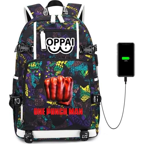 Anime One Punch-Man USB Charging Backpack Casual School Bag Zipper Canvas Shoulder Bag Mochila Laptop Bag Travel Bag Rucksack
