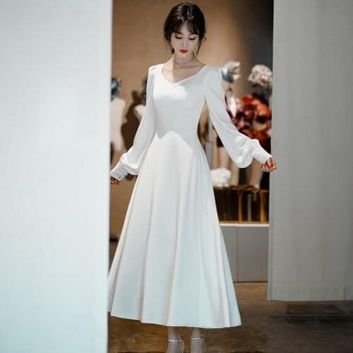 Long Sleeves Wedding Bridal Gown Simple Satin Pleats Ankle Length Soft Bridesmaid Swing Dance Ceremony Photography Dress #4155
