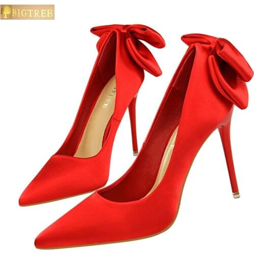 BIGTREE fashion women pumps 10.5CM Thin high heels fine sweet delicate Satin Bow wedding Pointed Toe womens shoes
