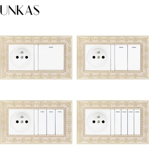 UNKAS 4D Zinc Alloy Metal Panel Russia Spain French Socket + 1 2 3 4 Gang 1 / 2 Way On / Off Light Switch Embossing Retro Frame
