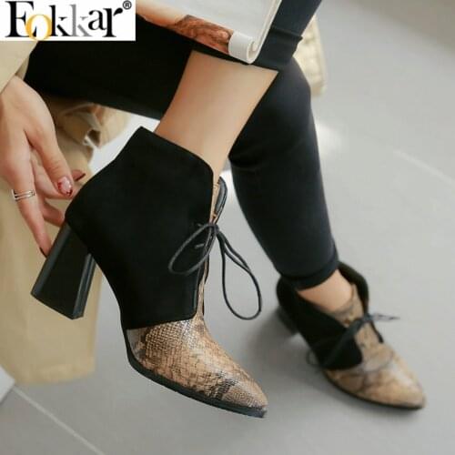 Eokkar 2020 Sanke Prints Lace Up Women Winter Shoes High Heel Pointed Toe Retro Ankle Boots Casual Short Boots Large Size 34-43