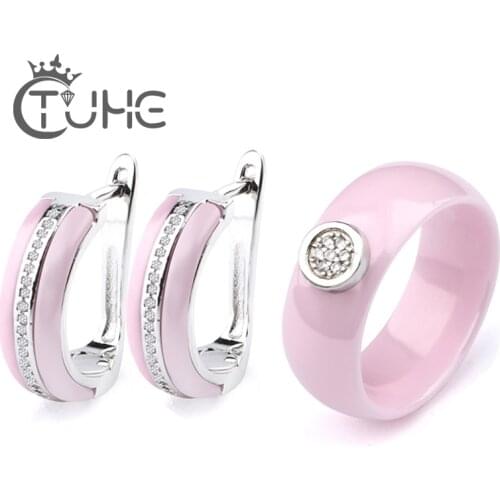 2019 U Shape Ceramic Earrings Rings Sets For Women 8mm Smooth Lovely Pink Ceramic Stud Ear Women Jewelry Sets Wedding Jewelry