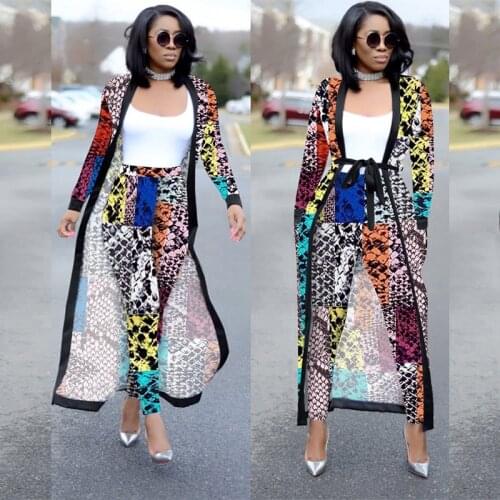 Two Piece Set Women Tie Waist Long Pants Office Lady Outfits Cloak Maxi Coat Runway Twin Suit X-Long 2 Piece Set Plus Size Party