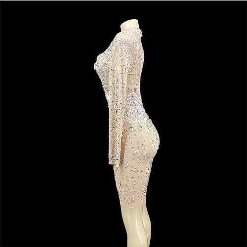 Nude See Through Mesh Silver Crystals Dress Women Birthday Celebrate Transparent Long Sleeve Prom Sexy Stones Costume
