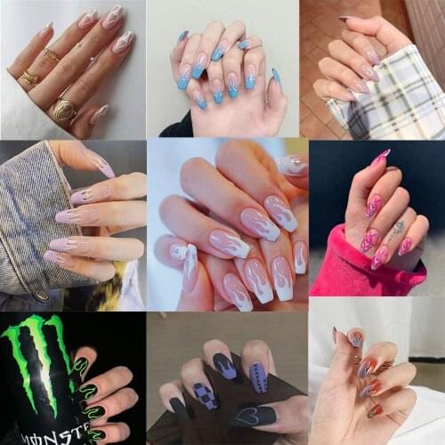 24 Pcs Halloween Flame Pattern Design Ballet Fake Nails Purple Fashion Pointed Press On False Nail Tips Manicure Tools Nail Art