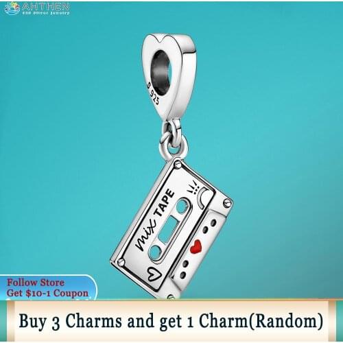 Ahthen 925 Sterling Silver Beads Pendant Vintage Cassette fit Original Pandora Bracelets for Women Jewelry Making Gift