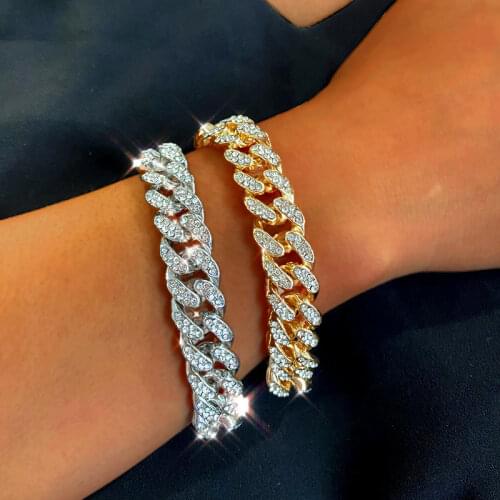 Fashion Shiny Cuban Chunky Chain Bracelets For Women Men Gold Silver Color Rhinestone Bracelets Punk Hip Hop Wristband Jewelry