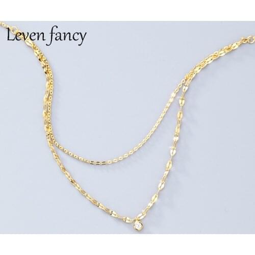 18K Gold Over 925 Sterling Silver Chain Necklace Double Layer Sequin Zircon Pendant Choker Necklaces for Women Wedding Jewelry