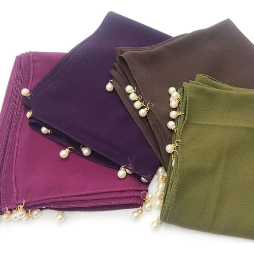 Elegant Plain Chiffon Islamic Scarves Big Pearl Decor Womens Hijab Long Shawl Beaded Muslim Headscarf Beads Long Shawl 180x70cm