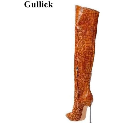 Gullick Sexy Cobra Skin Leather Over the Knee Boots Pointed Toe Blade Heels Thigh High Boots Black Brown Zipper Long Boot