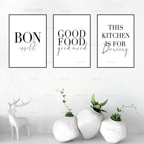 Canvas Painting Good Food Good Mood Bon Pictures Appetit Quotes Black White Wall Art Poster and Print Kitchen Home Decoration