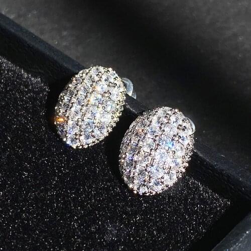 Iced Out Oval Bling Stud Earring Men Hip Hop Luxury Rhinestone Geometry Silver Color Stud Earrings For Women Jewelry Gift KBE304