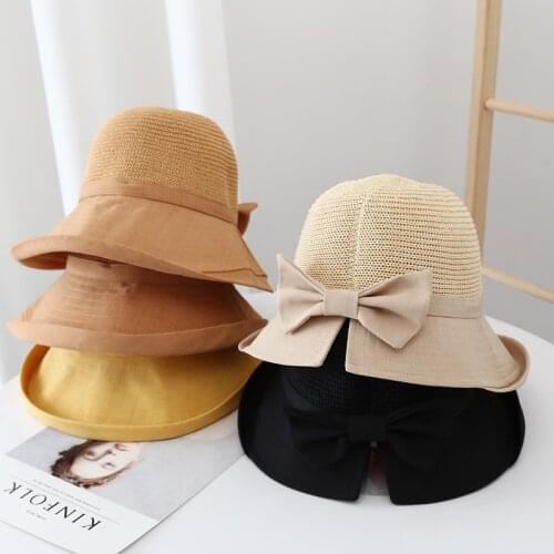 Summer Hats For Women Knitted Breathable Foldable Sun Hat With Bow Sun Protection Sunshade Panama Beach Hat Cap Travel