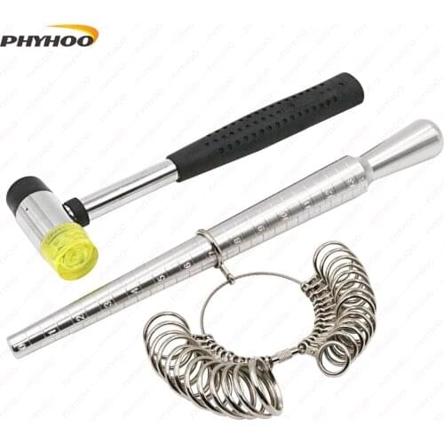 Metal Ring Mandrel Rings Sizer Gauge Set with Jewelers Rubber Hammer Mallet Finger Sizing Size Measuring US Sizes 0-13