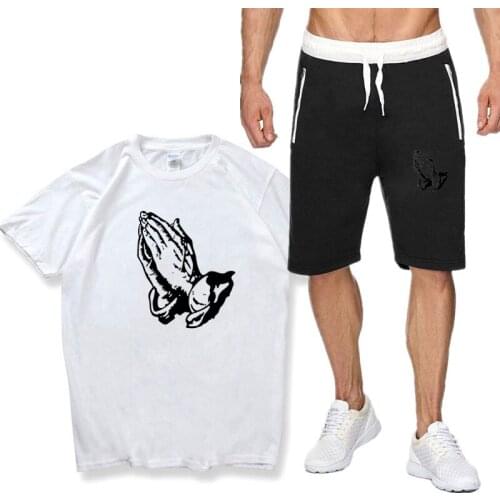 Men clothing Streetwear Sportswear Set Prayer Hand family tracksuit Two Piece Set short Sleeve short Tops And middle Waist Short