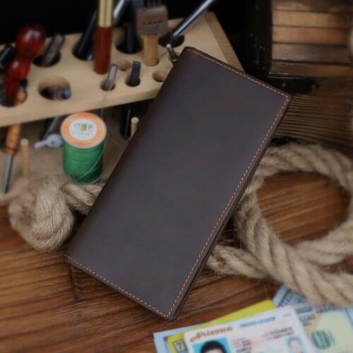 Genuine Leather Men Wallet Retro Handmade Cowhide Long Wallets Portable Storage Card Holder Purse With Coin Pocket Pouch