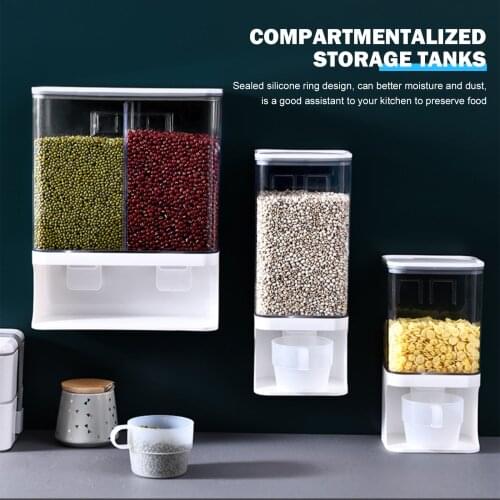 Dry Food Dispenser Wall Mounted - 1/2-grid Large Rice Storage Box, Whole Grains Container Bin, Space Saving For Kitchen Home