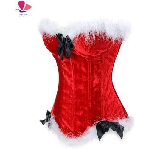 APIPEE 2019 New Christmas Corset Costume Womens Miss Santa Bustier Top Red Overbust Corset Halloween Costume