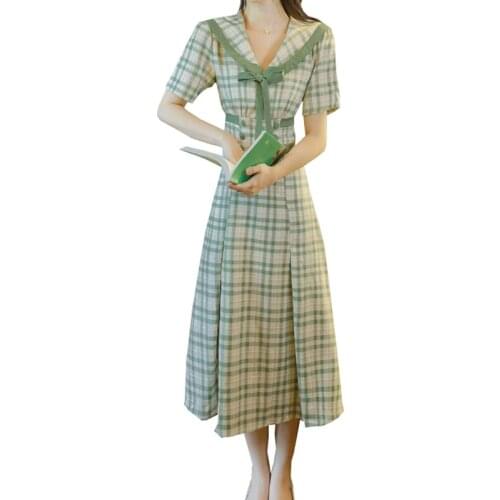 2021 New Spring Autumn Dresses Women Fashion Plus Size Plaid Dress Lady Medium Length Slim Green Long Dresses Female Clothing