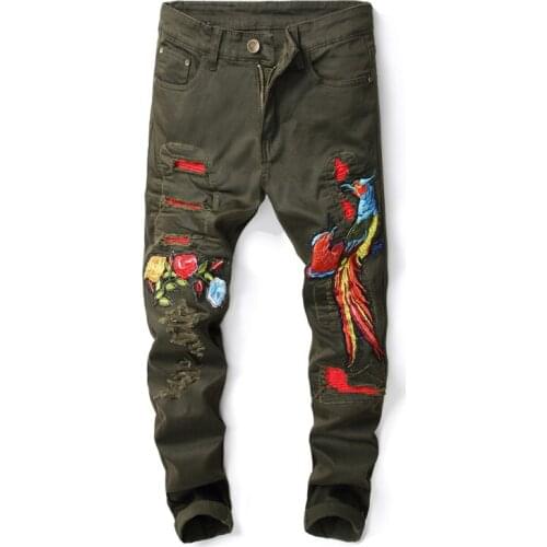 New Fashion Brand Mens Ripped Biker Jeans Phoenix Embroidery Slim Fit Distressed Denim Army Green Trousers Pants