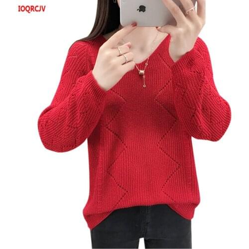 2019Autumn Women Pullovers Sweaters Slim V-neck Warm Hollow Sweaters Female Long Sleeve Loose Knitted Sweater Female Jumper 1019