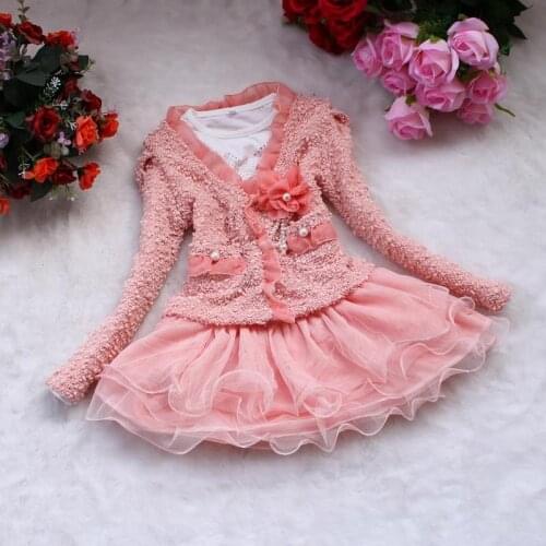 Toddler Girls Autumn Cute Lace Flower Jacket Girls Long Dresses Kids Clothes Children Outerwear Warm Jacket Girl Coats Dress 2PC