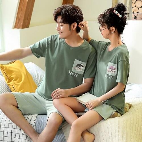Fashion Korean Dark Green Cartoon Print Cute Women Nightwear Couple Pajamas Set Summer Cotton Short Sleeve Tops Shorts Sleepwear