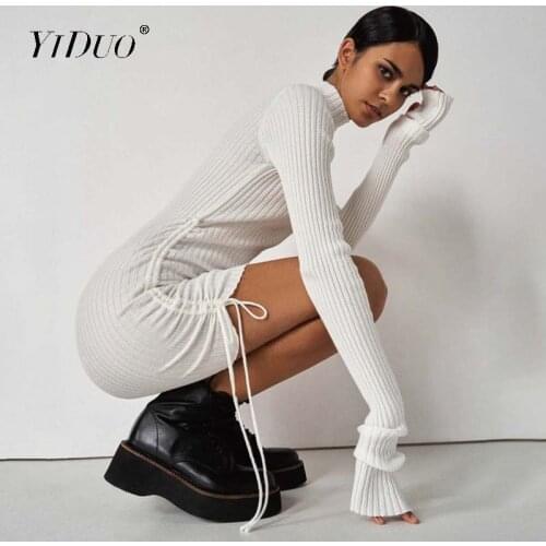 YiDuo Casual Drawstring Ruched Mini Dress Slim Solid Fashion Outfits Long Sleeve Autumn Womens Knitted Dresses Vestidos