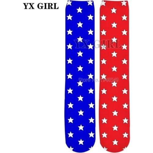 YX GIRL Drop shipping 2018 New style Fashion Mens womens socks Red & Blue Split Stars 3D Print Knee-High Socks
