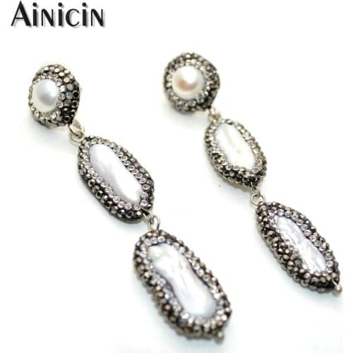 Natural Freshwater Pearl With Black Rhinestone Crystal Paved 75mm Long Dangle Earrings For Fashion Women Peary Gift Jewelry