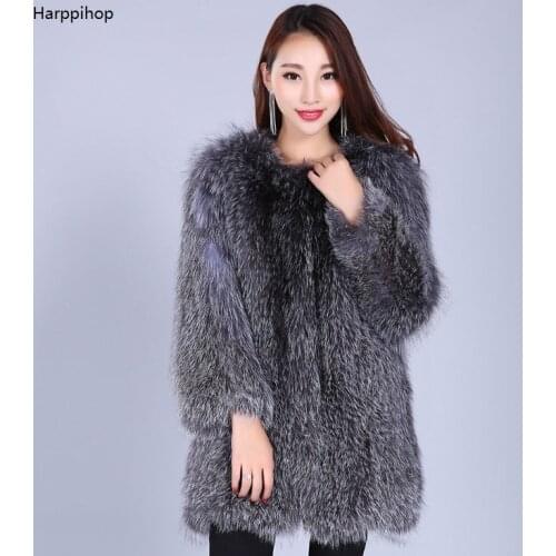 Harppihop Genuine Fox Fur Coat Women Real Silver Fox Fur Coats Fashion Fur Striped Style Long78cm Size 6xl Fur Coats