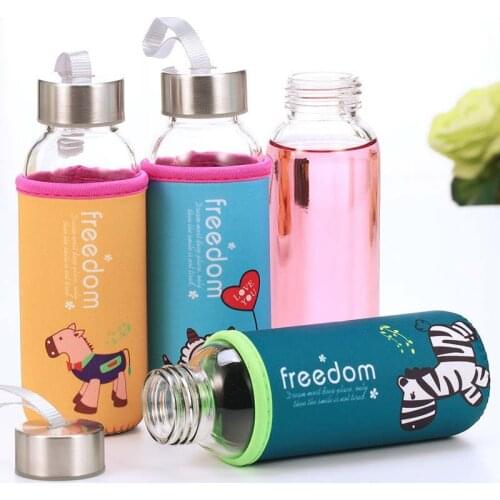 300ml Glass Water Bottle with Cover Outdoor Sport Portable Leak Proof Drinking Bottles With Bag Lemon Fruit Tumbler