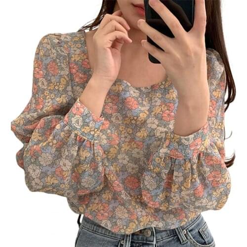 Sweet Style Top Floral Print Young Girls Square Neck Puff Sleeve Lovely Ladies Blouse Tops Pullover for Work Streetwear