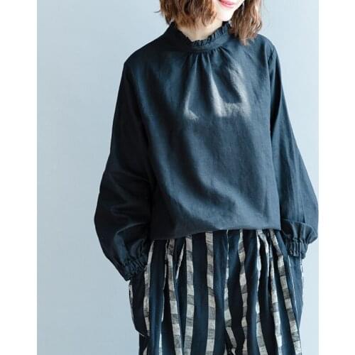 Cotton Linen Women Blouse 2021 Summer New Turtleneck Lantern Sleeved Loose Office Lady Elegant Pulls Outwear Coat Tops