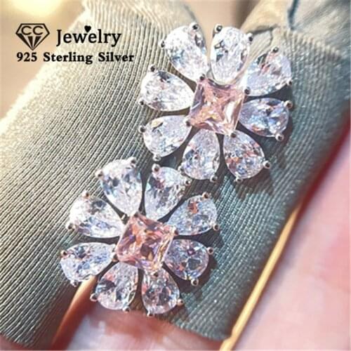 CC Flower Earrings For Women Fine Jewelry Fashion Party Accessories S925 Silver Pink Cubic Zircon Stud Earring CCE673