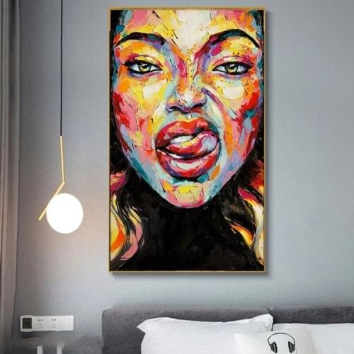 Woman Face Abstract Oil Paintings Print on Canvas Art Posters and Prints Colorful Tongue Out Woman Modern Art Picture Wall Decor