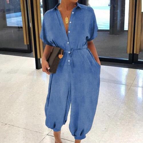 Women Denim Jumpsuit Short Sleeve Solid Color Buttons Pockets Long Baggy Romper Overall for Work