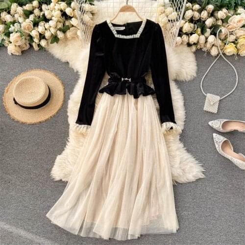 Autumn Dress False Two Piece Women Long Sleeve Gold Velvet Patchwork Mesh Dress Elegant Lady Long Dress Vestidos Bottomings 1266