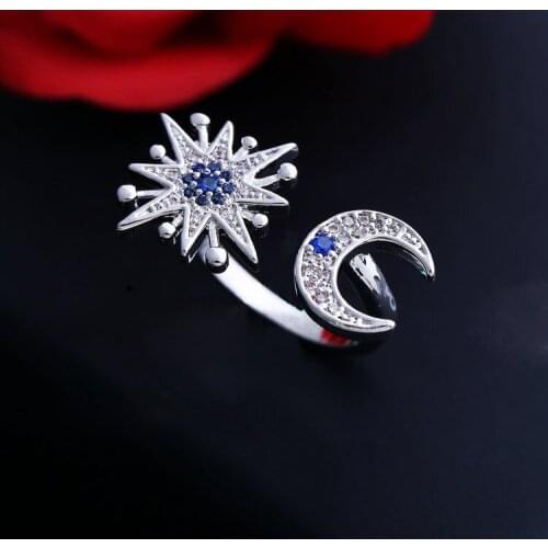 Top Quality New Fashion Mosaic AAA Zircon Crystal Star Moon Silver Ring Resizable Opening Circle Luxury Rings for Women