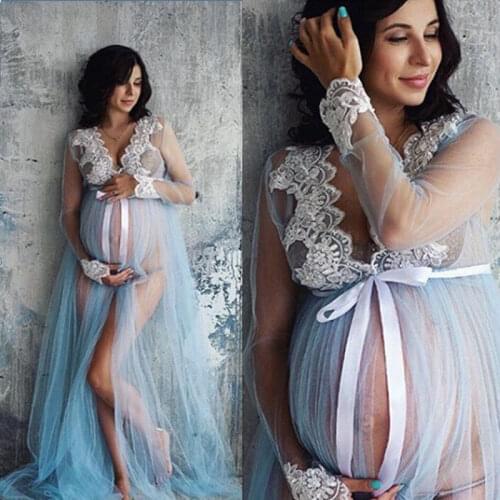 Women Maternity Dresses for Photo Shoot 2021 Summer Long Sleeve Lace V Neck Mesh Sheer Pregnant Dresses Maternity Clothes