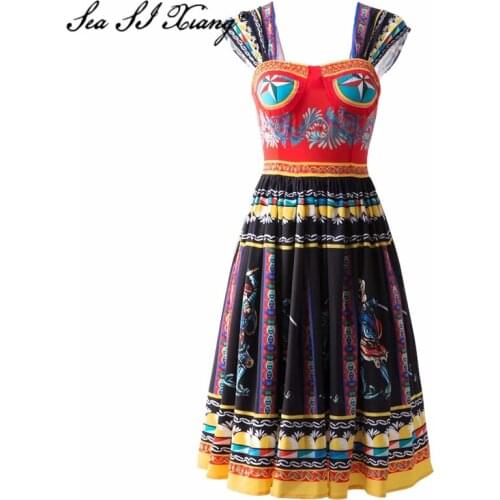 Seasixiang Fashion Designer Summer Dress Women Spaghetti Strap Backless High Waist Indie Folk Print Dresses