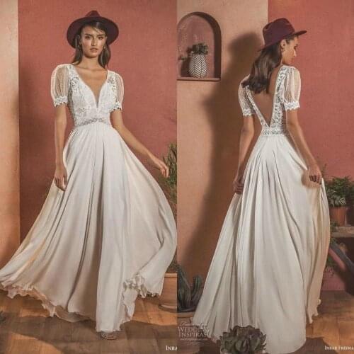 Bohemian Wedding Dresses 2020 V Neck Lace Appliqued Floor Length Backless Bridal Gowns Chiffon A Line Beach Wedding Dress Boho