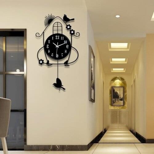 Creative black iron swing hanging bird durable metal electronic wall clock large wall arts and crafts modern design wall clock