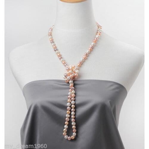 Long Style 8-9mm White Pink & Purple Color Freshwater Pearl Necklace 48"