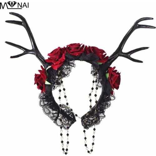Handmade Steampunk Elk Horn Headbands Rose Lace Veil Deer Antler Headband Fancy Dress Costume Headdress Gothic