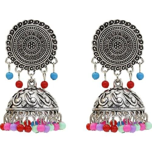 Indian Vintage Earring Colorful Beads Hollow Flower Jhumka jhumki Earrings For Wedding Bridal Afghan Thailand Jewelry