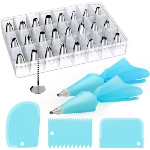Pastry Sockets 32 Pieces Stainless Steel DIY Kits 24 Sockets 2 Reusable Socket Pockets 2 Couplers 1 Nail 3 Cream Scraper