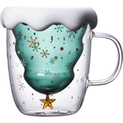 300ML Coffee Mug Double Walled Glass Cup Christmas tree Insulated Glass mugs with Handle Perfect for Latte, Americano Cappuccino