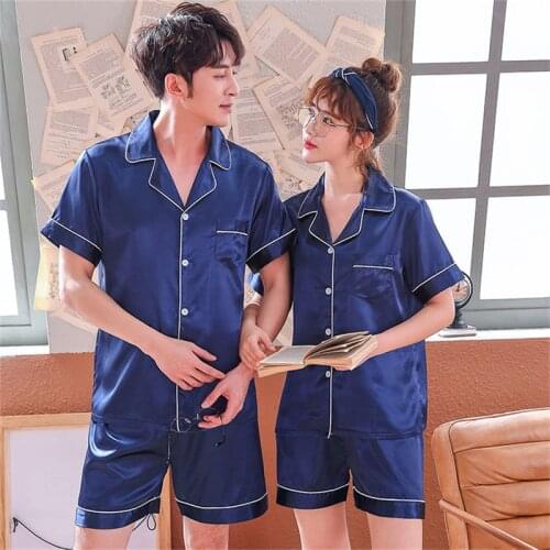 Summer Loose Silk Satin Pyjamas Set Women Men Short Sleeve Sleepwear Pijama Suit Sleep Two Piece Set for Couples Mujer Plus Size