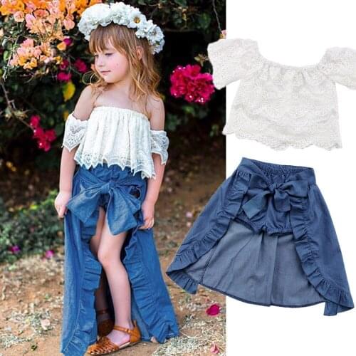 Hot Fashin 1-6Y 3Pcs Kids Baby Girl Lace Off Shoulder Top T-shirt Denim Shorts Skirt Clothes Outfit Popular Casual